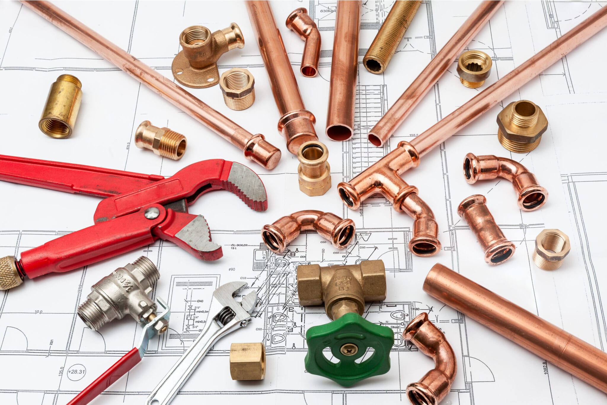 Copper pipe fittings and plumbing parts for Brentwood, California repairs