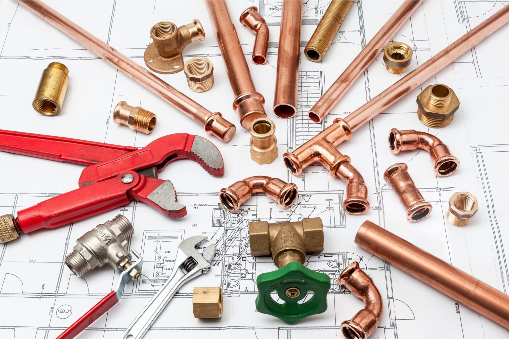 Copper pipes, fittings, valves, and plumbing tools in Brentwood