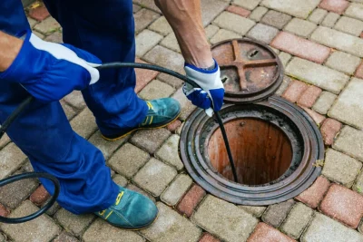 Plumber cleaning an outdoor sewer drain in Brentwood