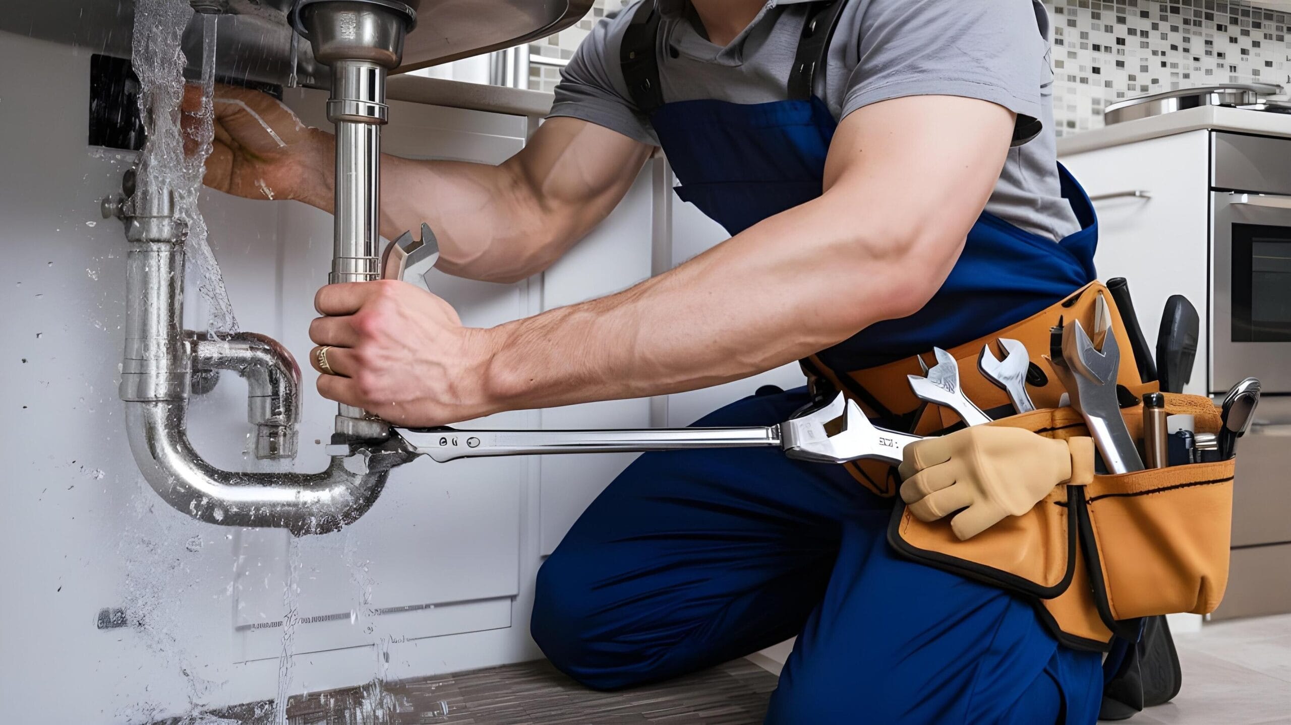 Plumber tightening a residential plumbing pipe in Brentwood