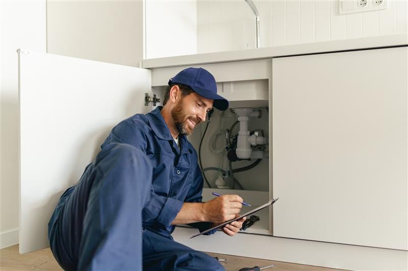 Residential plumber reviewing plumbing repairs in a Brentwood kitchen