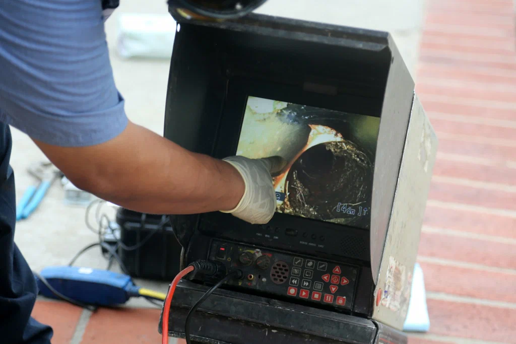 Technician viewing a drain inspection camera in Brentwood