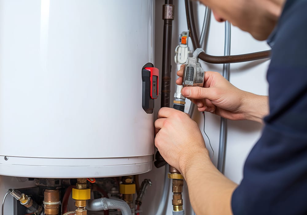 Technician repairing pipes connected to a water heater in Brentwood